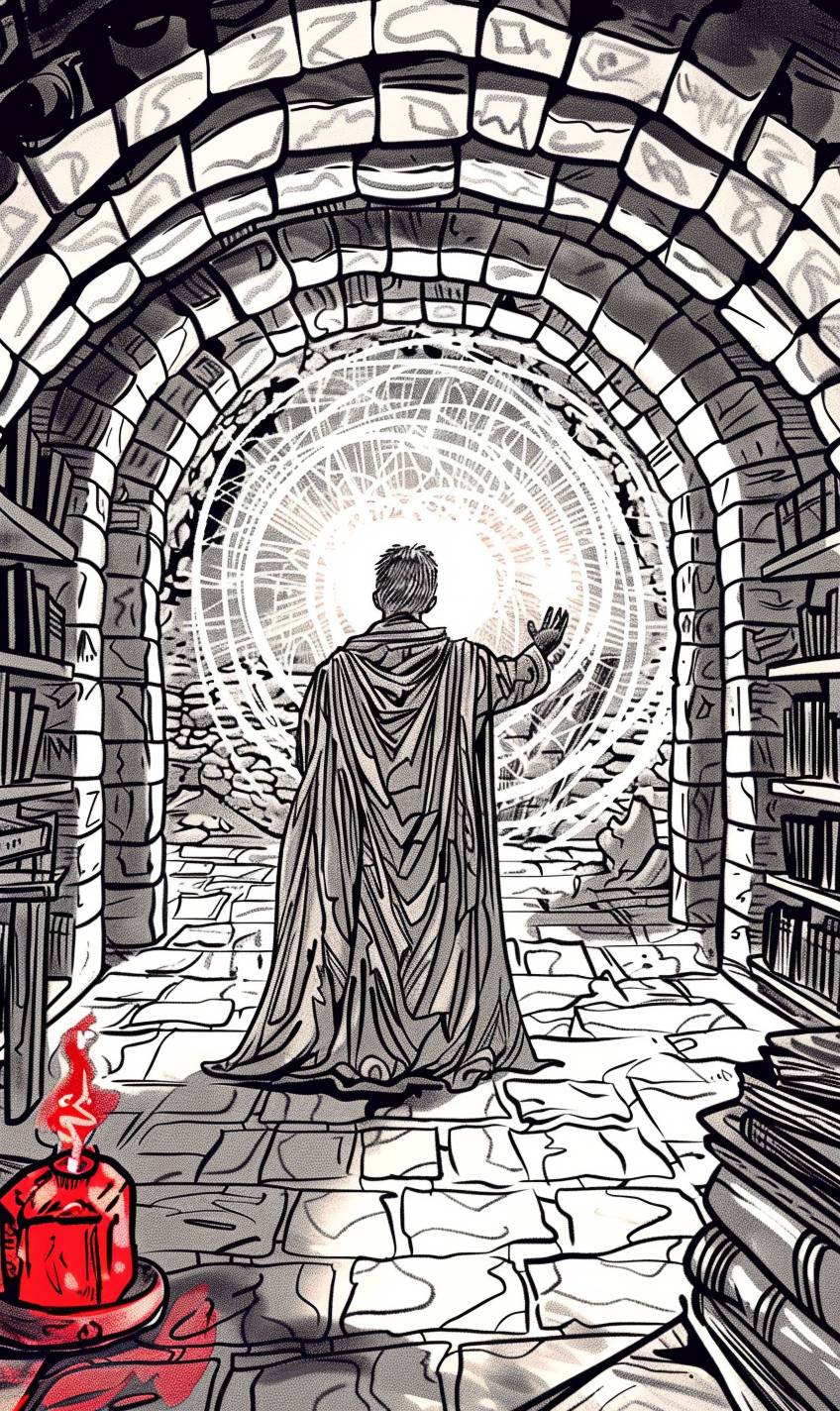 古代の神秘な書物や神秘的な遺物でいっぱいの暗い古代図書館で、謎の魔法使いが強力な呪文を唱える