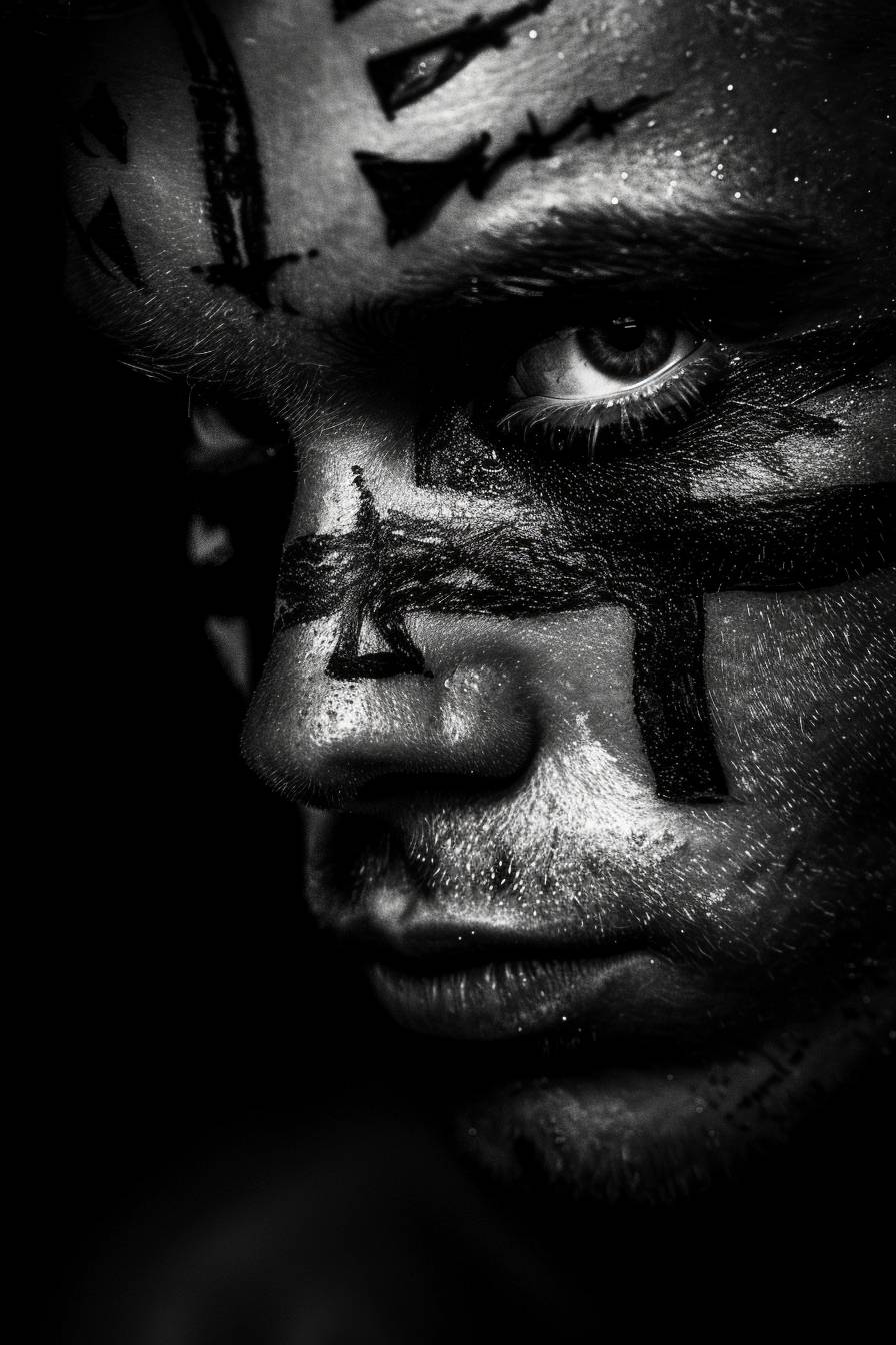 The face of a man is covered in symbols, in the style of body art, dark background, closeup, photography, high contrast, bold shadows, surrealism, creative composition, high resolution, dark white, stark contrast of light and shadow, selective coloring
