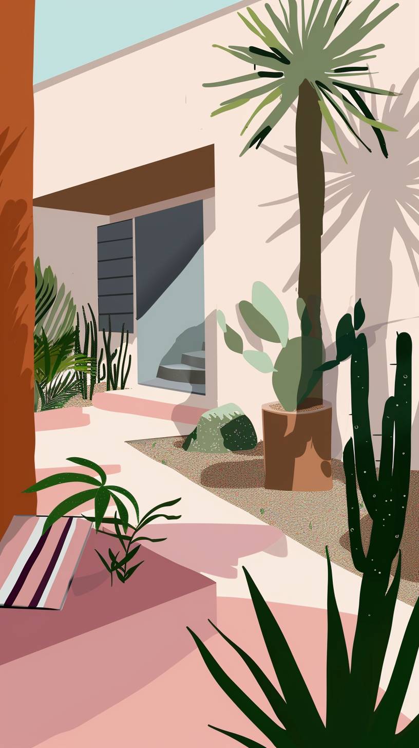 Desert courtyard. Mid century boho architecture art print, wall décor social media stories contemporary style. Vector illustration -- aspect ratio 9:16 -- style raw -- stylize 0 -- version 6.0