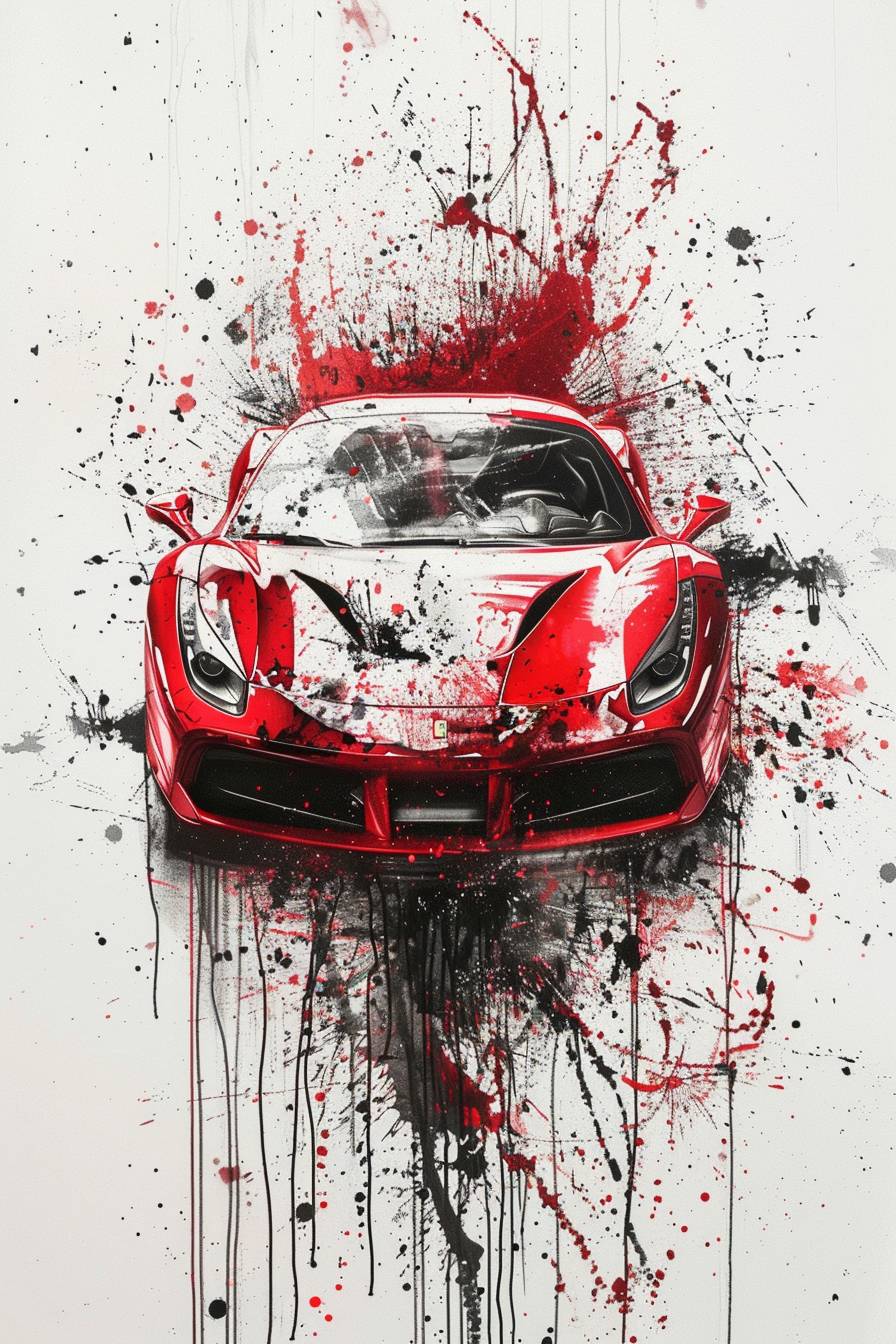 A splatter painting of a sports car in red and black paint, white background, centric, dripping and splashing effects, flat, 2D, fine brush strokes, artistic and expressive.