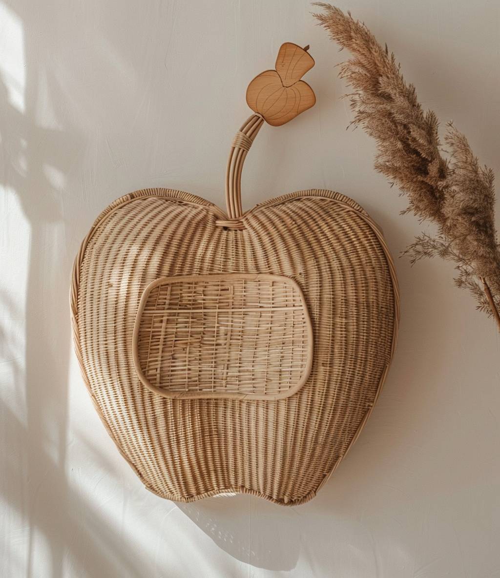 A large wicker wall basket in the shape of an apple, with big open pockets for hanging on the wall. The basket is made from natural rattan material and has a rough texture. It is a cute product photo for decor. Soft neutral colors including light beige and cream in the style of boho style.