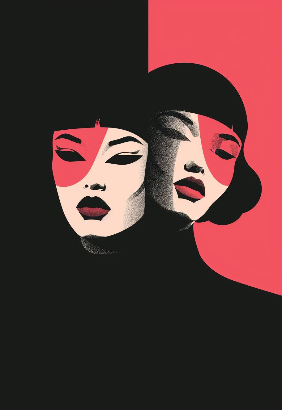 非現実的なスタイルで、顔にマスクをつけた2人の女性を描いたミニマリストのレトロイラスト、ピンクと赤のカラーパレット、濃い対比の黒い背景、シンプルな形状を特徴としたミニマリズム