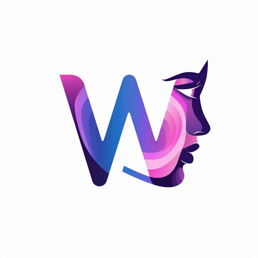 모던한 플랫 디자인 로고 문자 'W', 얼굴 관점, 미니멀리즘, 디자인, 크리에이티브, 파란색, 보라색, 웹 에이전시, 동적, 흰색 배경, 8K
