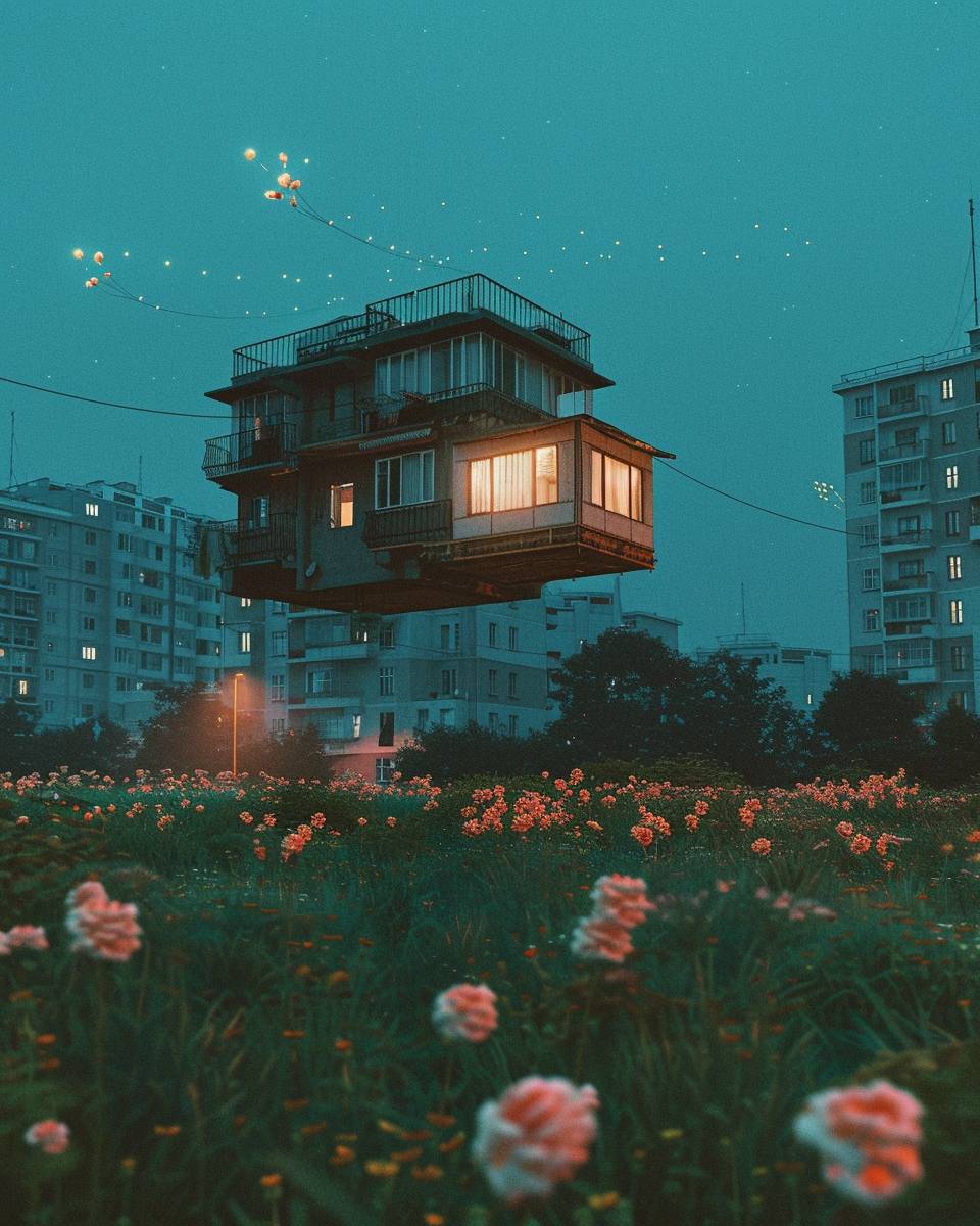 A flying house with glowing windows at dusk, floating above a field with glowing flowers, in front of apartment buildings. The image has a grainy, lo-fi aesthetic, reminiscent of an analog photograph. The sky is a deep blue, and the scene has a slightly surreal, dreamy quality.