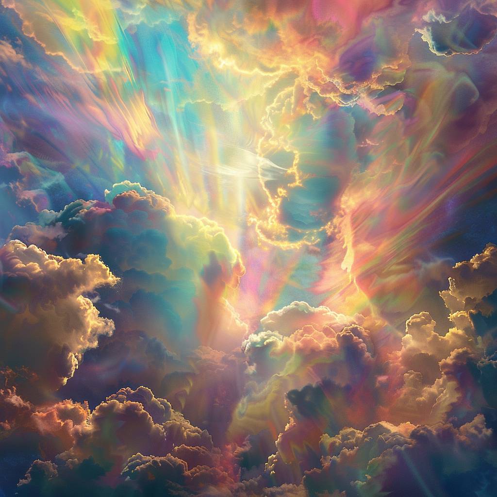 [SUBJECT] in Euphoric Embrace, an uplifting moment in iridescent clouds with glimmers of radiant rainbow colors shimmering brilliantly [COLOR] --v 6.0