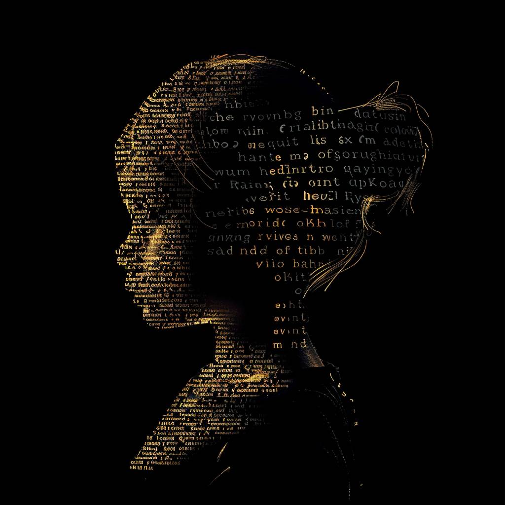 A portrait of a child made of words, in the style of vector illustration, golden light, high contrast, silhouette lighting, black background, typography art