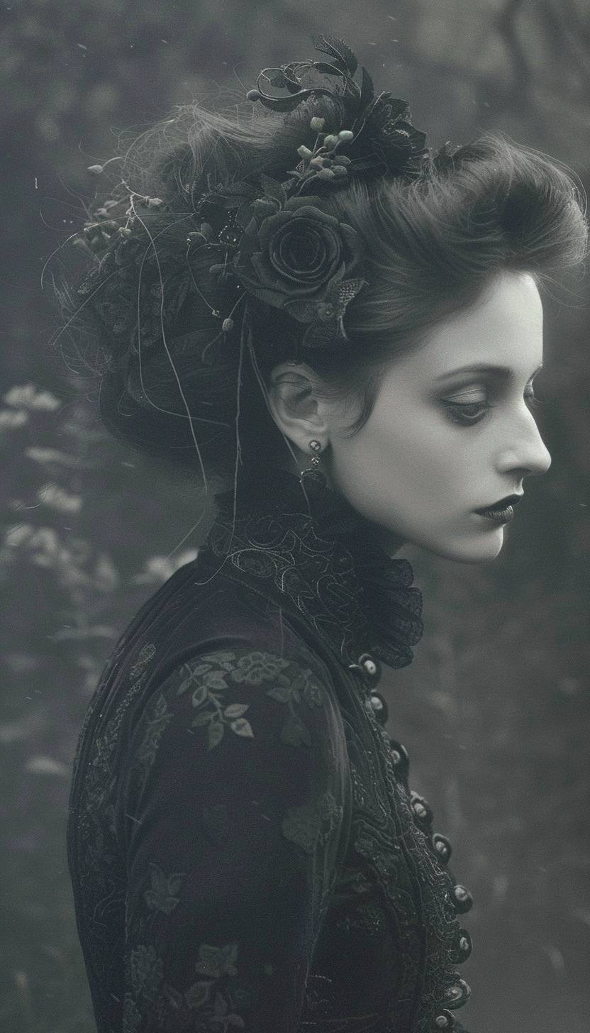 A photograph of a Victorian gothic woman, edge darkening