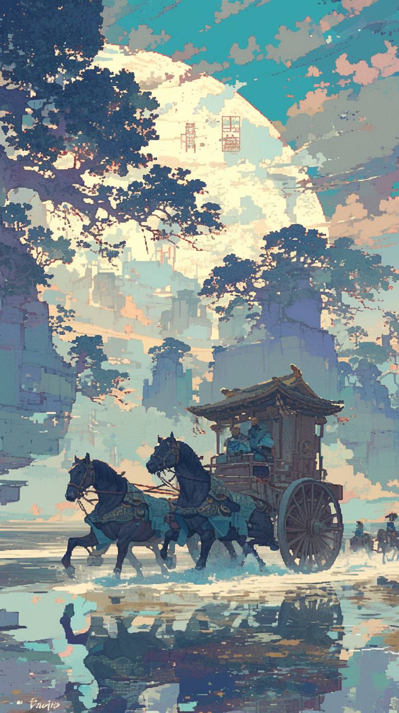 Ancient Chinese carriage, 4 horses pulling a wooden Chinese style two-wheeled carriage, in the style of futuristic sci-fi aesthetic, #pixelart, fairy kei, water scenes, animated gifs, oriental aesthetics, solid color background