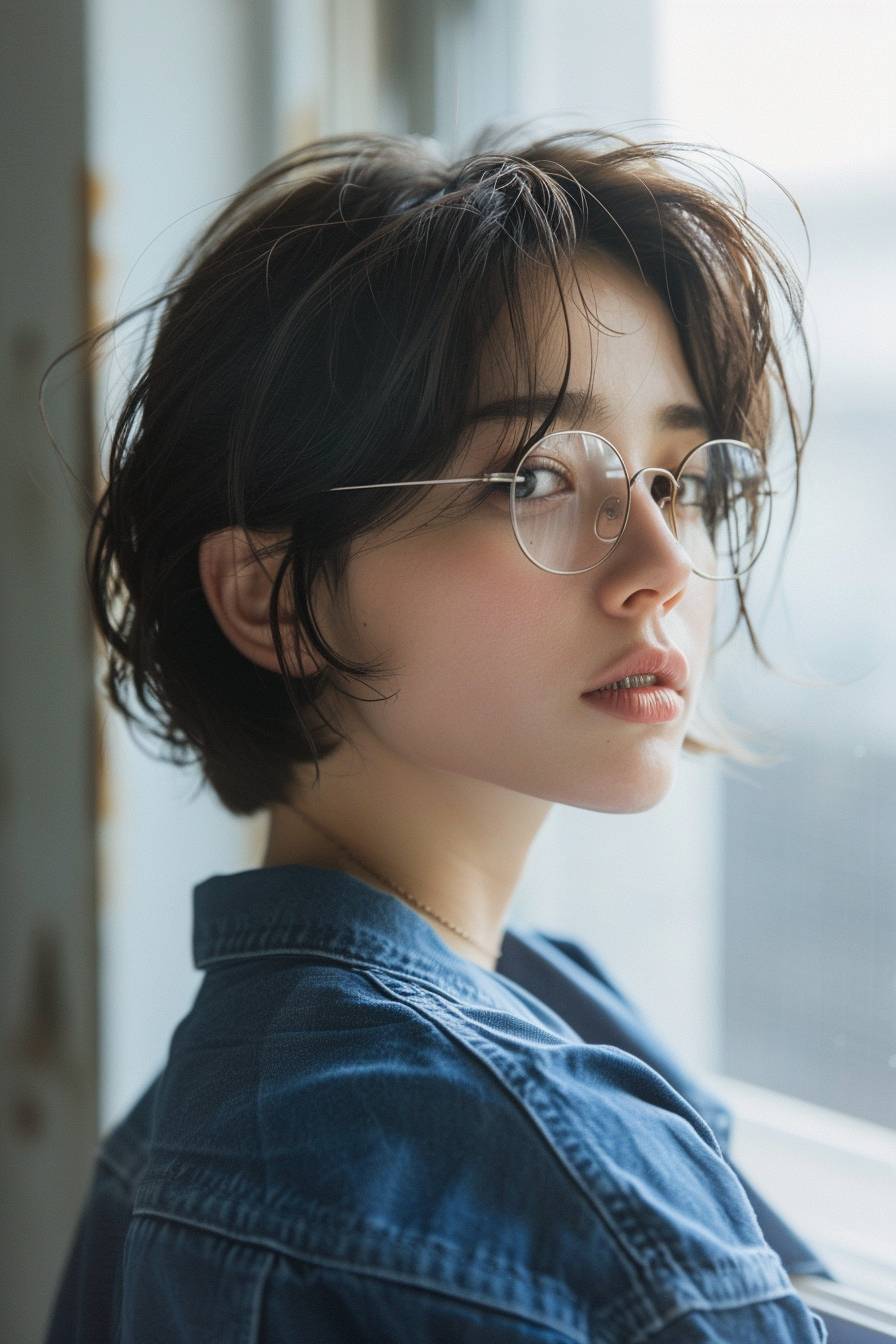 Sonoya Mizuno with short hair as a dystopian volunteer officer wearing clean blue workers clothes and transparent glasses looking confidently over her right shoulder --ar 2:3 --stylize 250  --v 6.0