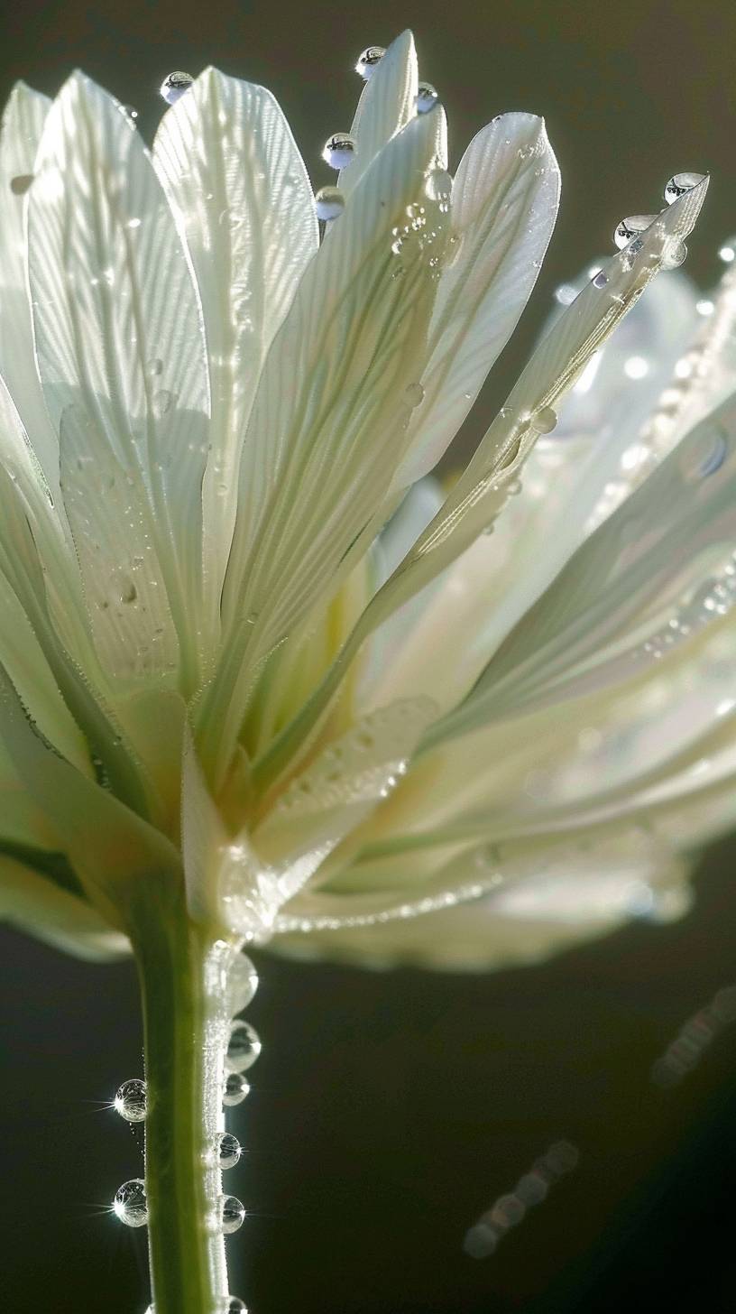 A close-up of the flower's petals, each petal with dew drops glistening in sunlight, highlighting their delicate texture and intricate details. The background is light to highlight them against the light green stem and white center.