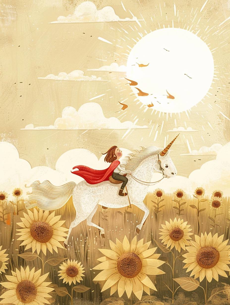 Illustration of a happy kid, wearing a red cape, riding a white horse, with a giant sun in the sunflower field, in the style of children's book illustration, digital illustration, in the style of Jon Klassen, desaturated light and airy neutral pastel color palette, nursery art, cream background, fantasy lighting, highly detailed, 32k pixels, aspect ratio 3:4, version 6.0