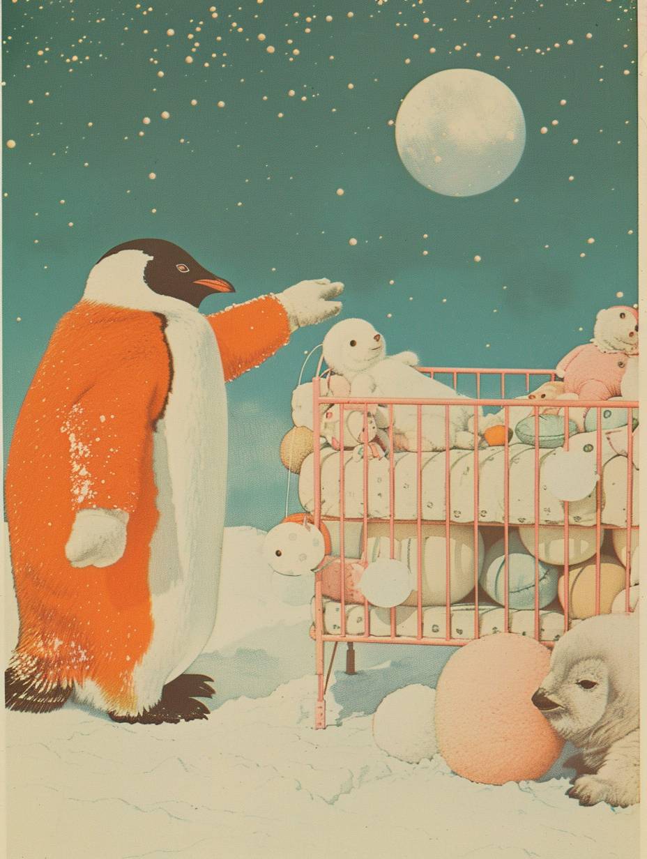 A penguin pointing at a crib filled with baby items. Caption: 'Is this a full night's sleep?' by Jiro Kuwata