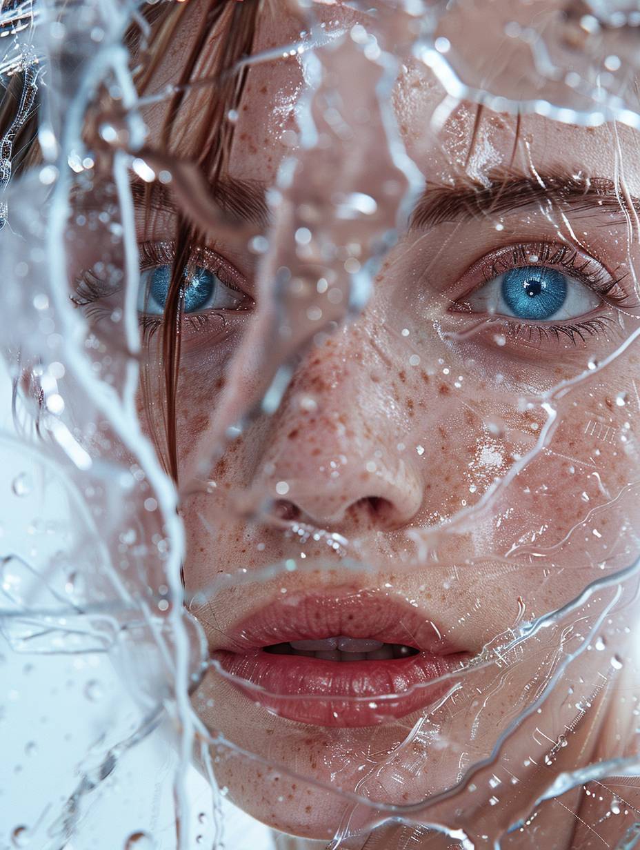 A full body portrait of an extremely beautiful woman. She has blue eyes, wet skin from water droplets, and a white background. There is a large amount of crystal-clear glass in front, reflecting light and creating delicate patterns on her skin. The image showcases detailed facial features such as lips, nose, eyebrows, eyelashes, and hair with a wavy texture.