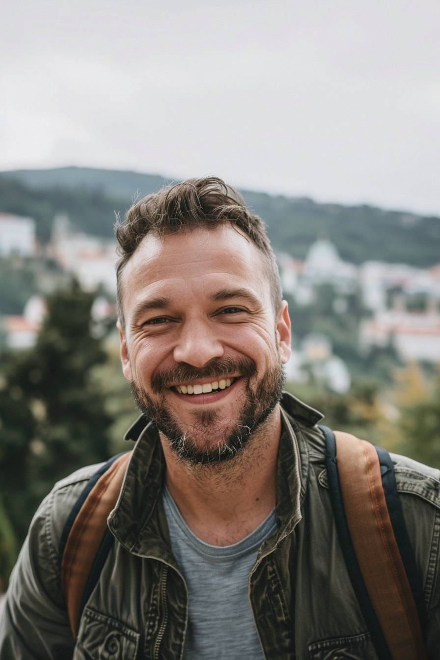 A photo of a man with short hair and beard smiling at the camera. The background is blurry and it shows trees and buildings in light colors.