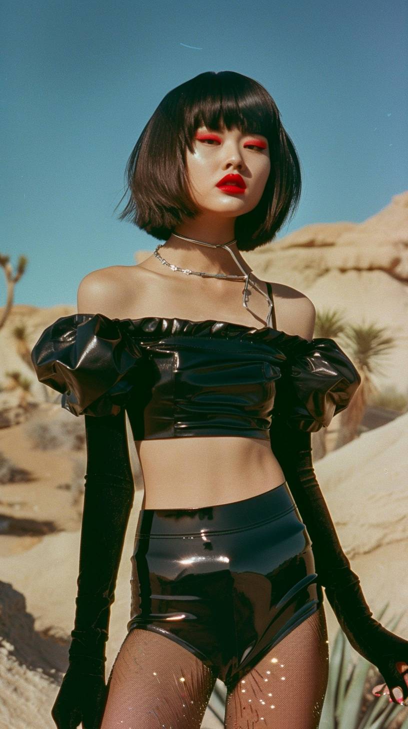 High-resolution editorial fashion photography, shot on 35mm film, featuring a young Asian female model with pale skin and sleek, short black bob haircut. She has striking features with bold red lipstick and smokey eye makeup, and she is dressed in a futuristic black latex crop top with exaggerated puff sleeve shoulders. She pairs it with high-waisted shorts, black gloves, and glittering tights. The photo is set against a stark desert landscape with rocky terrain, with bright daylight creating a bold and edgy mood. The model is posed front-facing with a confident expression. The photograph was shot on Kodak Ektachrome 100 film, showcasing a deep black, vibrant red, and sandy beige color palette.