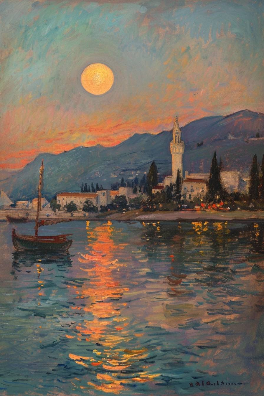 Paphos Cityscape Skyline in Cyprus, Dusk, By Claude Monet --ar 2:3  --v 6.0