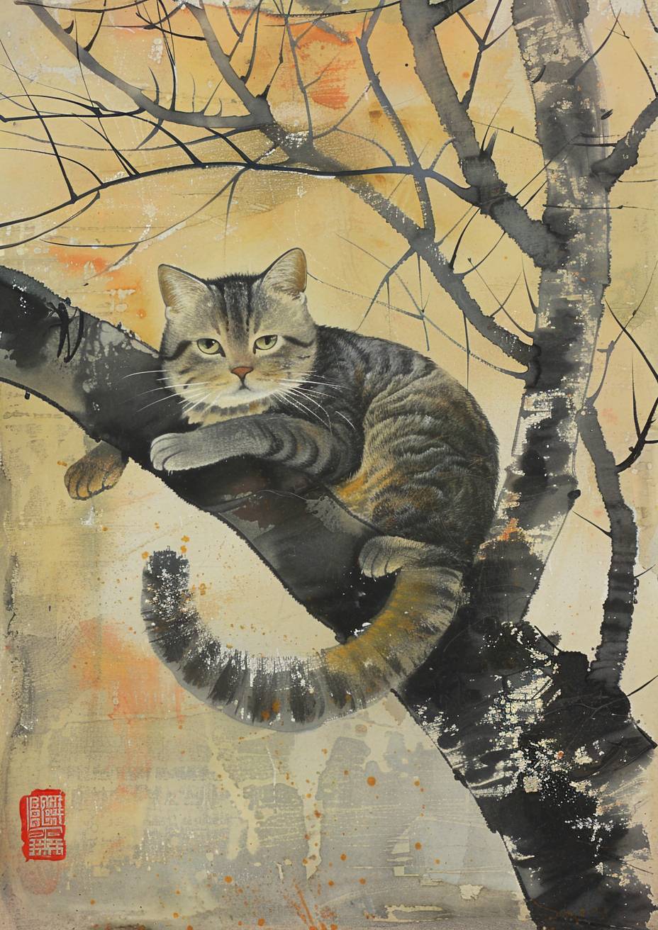 Feline animal painting in the style of Zhang Xiaogang