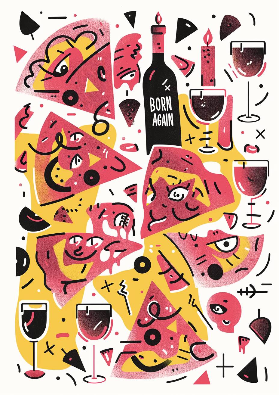 Pizza bar, small business poster design in the style of Keith Haring, with the text 'BORN AGAIN', bold lines and bright colors, cartoonish character designs of pizza slices and wine glasses, colorful woodblock prints in the style of Pop Art on a white background, simple, low detail, minimalist.