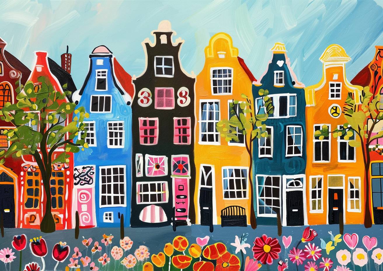Amsterdam, charming street lined with colorful townhouses, flowers, summertime, England, most unique naive art amazing painting by Sophie Blackall and Maud Lewis and Chagall, amazing brushstrokes, sharp, high quality, masterpiece, ultrasharp,