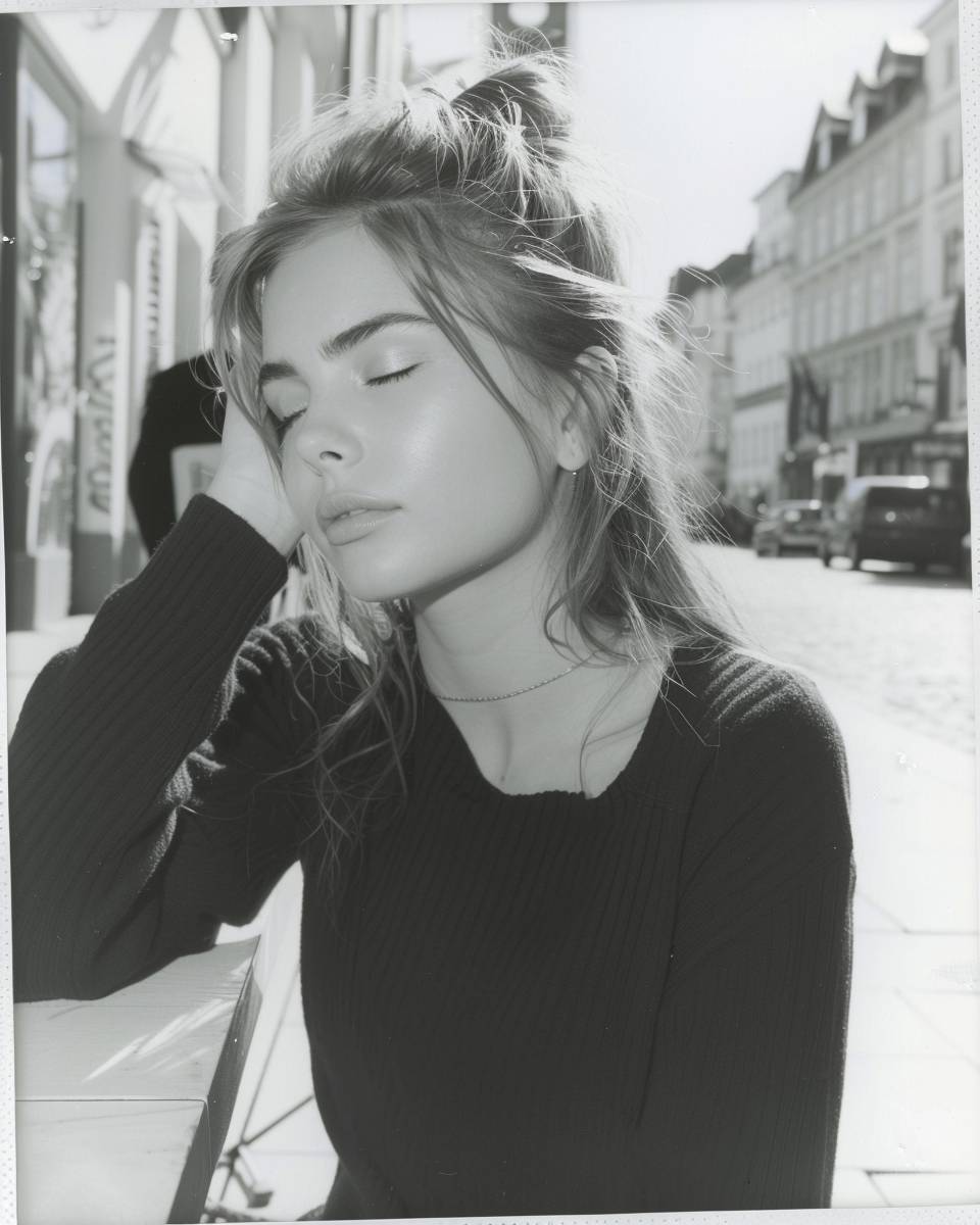 Polaroid, black and white photography, [beautiful woman], Daria Endresen, Marimekko style, streets