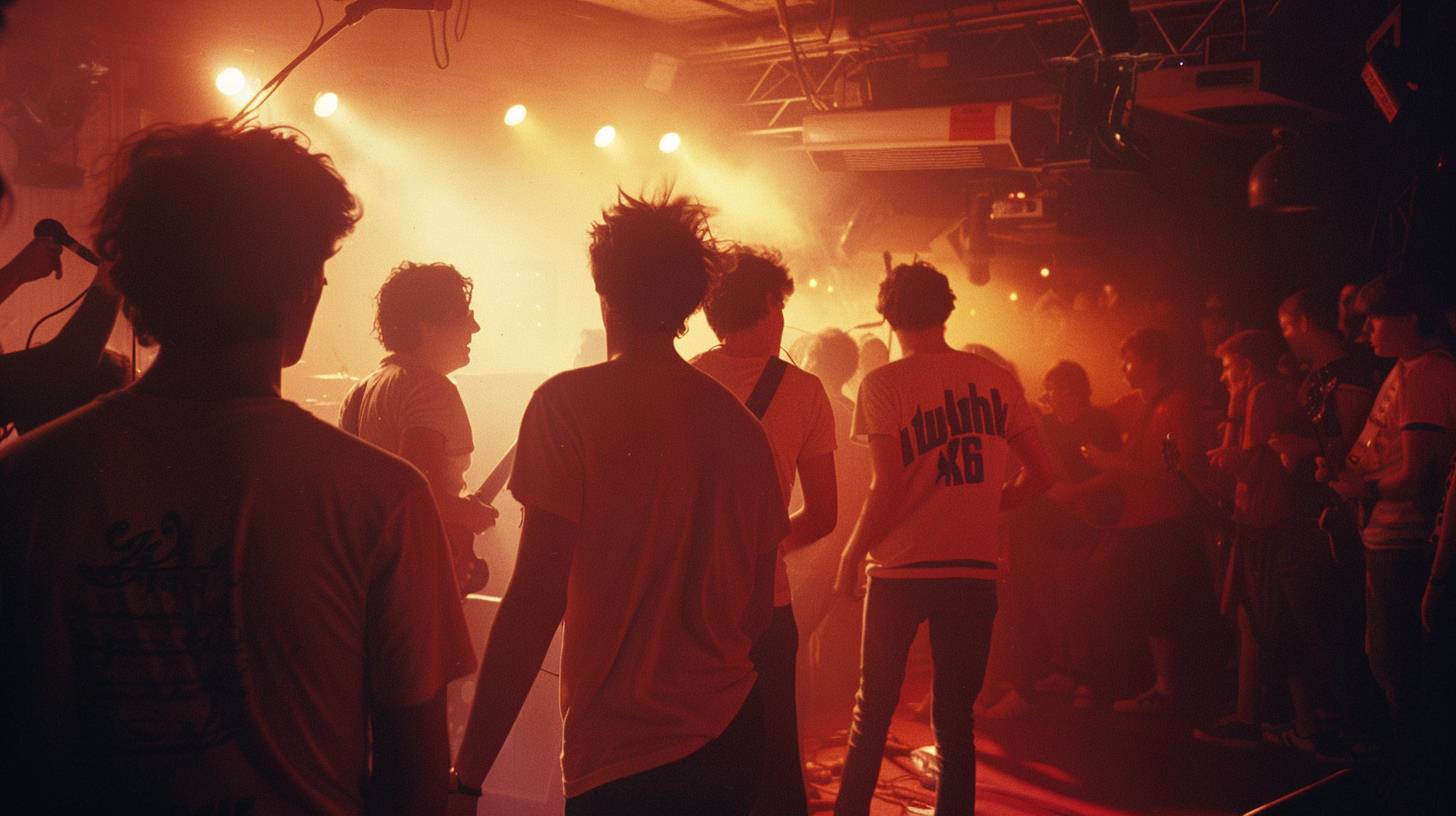 Seven teenagers at a rock concert. Excitement and anticipation. Band t-shirts. London music venue. Evening in 1991. Stage lights, crowd, band setting up. Wide shot, full body. Shot on a Minolta X-700, Fujifilm Superia 400. Dynamic lighting, motion blur, high grain.