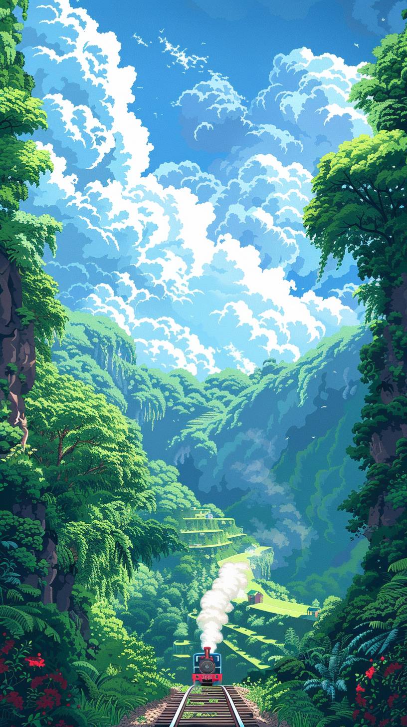 Pixel art, 64-bit graphics, 90's video game visual style, extremely detailed, retro steam car on a background of rice terraces and green hills on a cloudy summer day, beautiful clouds in the sky, vibrant colors, whimsical, magical, in the style of Ghibli, lofi art style, low angle