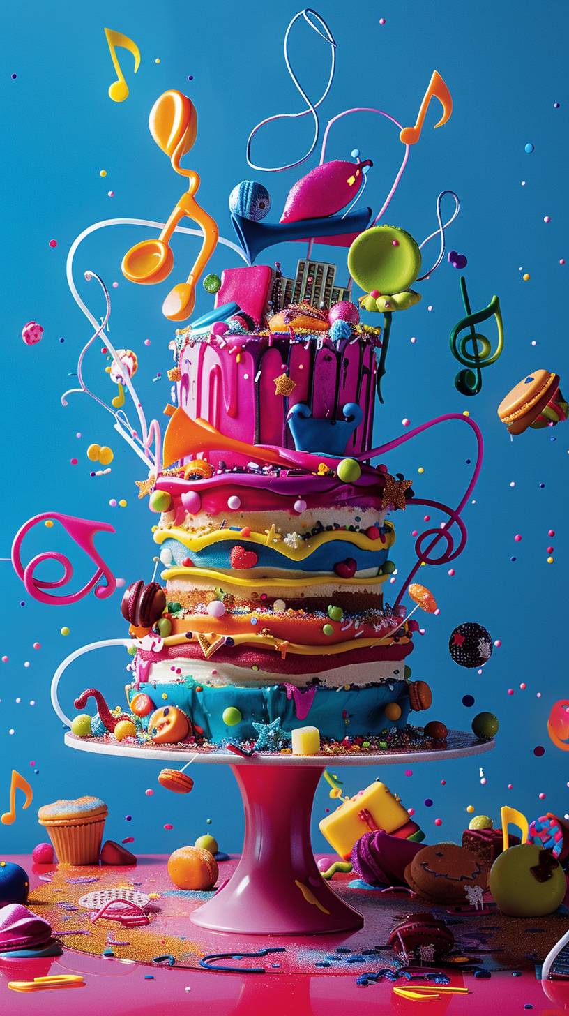 Gourmet Magazine Cover Shot, extreme detail, UHD photography, vibrant colors, elaborately staged food photograph of a modern, extravagant Lambeth cake with three layers. Musically themed Cake with decorative elements representing brightly colored musical instruments. Bright background with musical notes floating in the air.