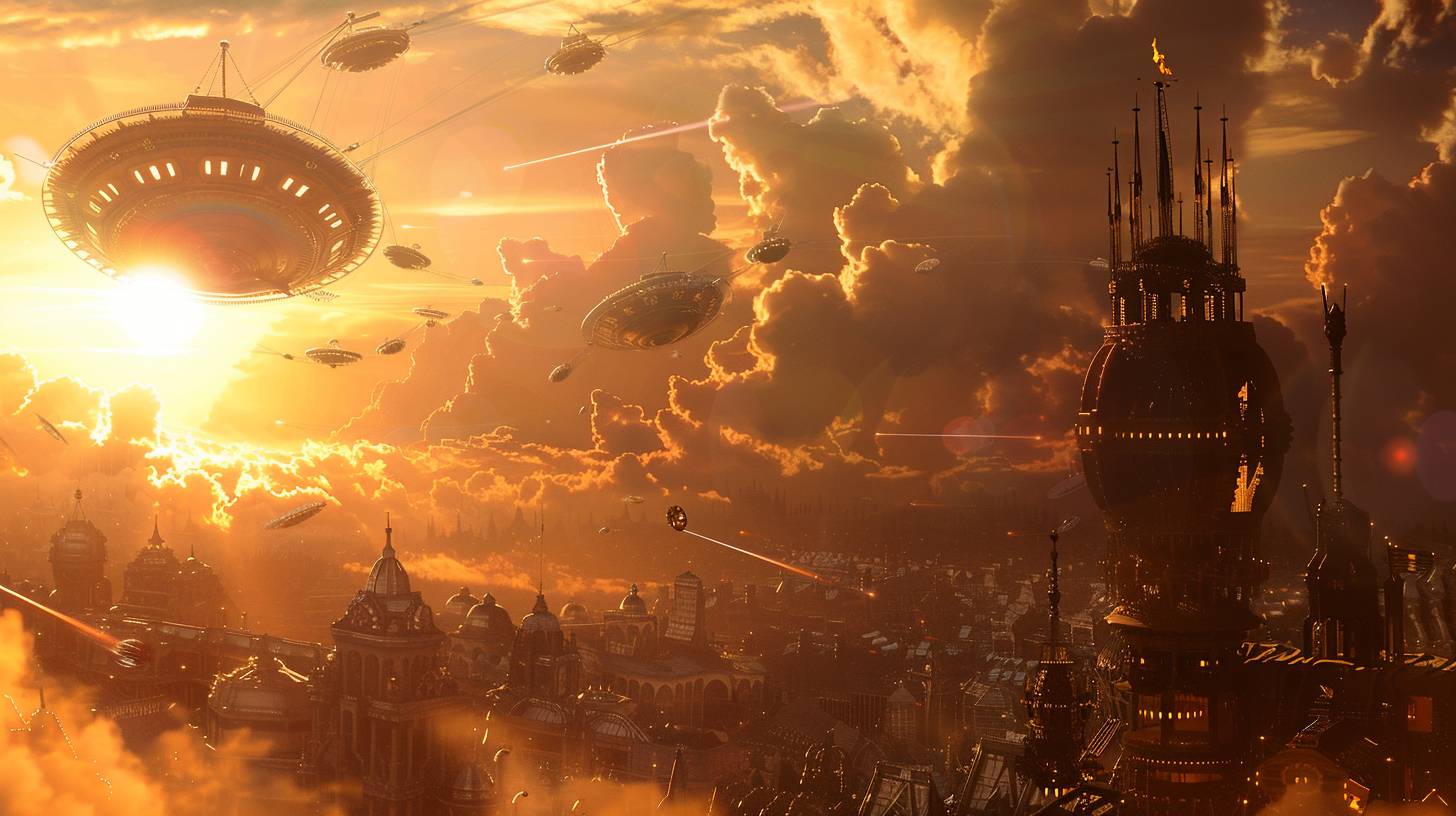 A vast, fiery steampunk sunset, with a clockwork city dwarfed by the immense sky. The city's spires reach towards the heavens, but they're dwarfed by the fiery hues of the dying sun. Airships, their sails billowing in the wind, glide through the sky, their shadows dancing across the cityscape. The sunset is captured through a vintage camera, its brass casing reflecting the fiery hues of the sky. The image is slightly blurred, as if the camera is struggling to capture the sheer beauty and grandeur of the scene. The sunset is rendered as a series of gears and cogs, each one representing a different color and intensity of the fading light. These gears and cogs are so large, so intricate, that they dwarf the city below, creating a sense of overwhelming scale. The viewer feels insignificant yet simultaneously connected to something truly magnificent.