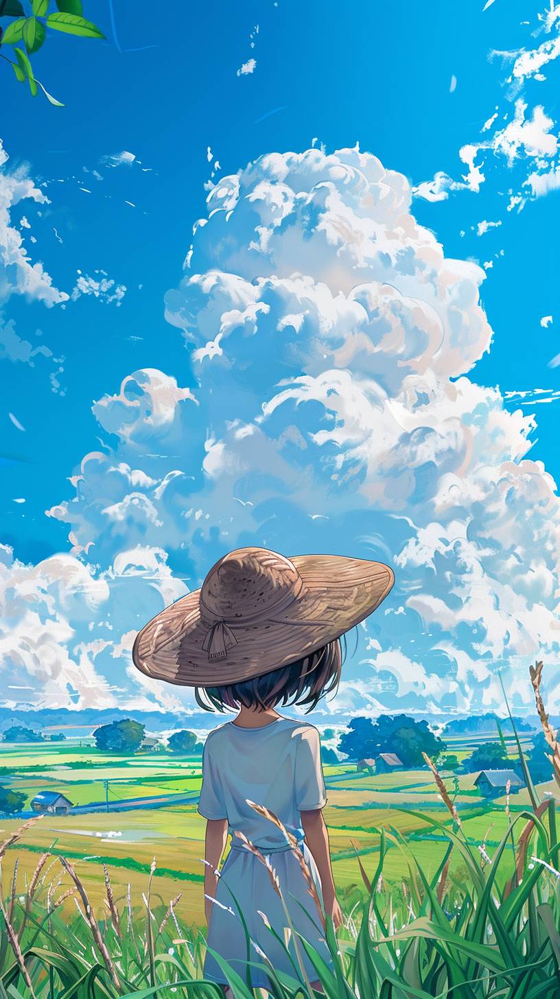 宮崎駿風のパノラマ風景、わら帽子をかぶった超かわいい少女が明るい田舎の野原に立ち、空にはふわふわした雲が浮かび、水田にはきらめく水が広がっており、心温まる平和な雰囲気、高度なディテールと鮮やかさ