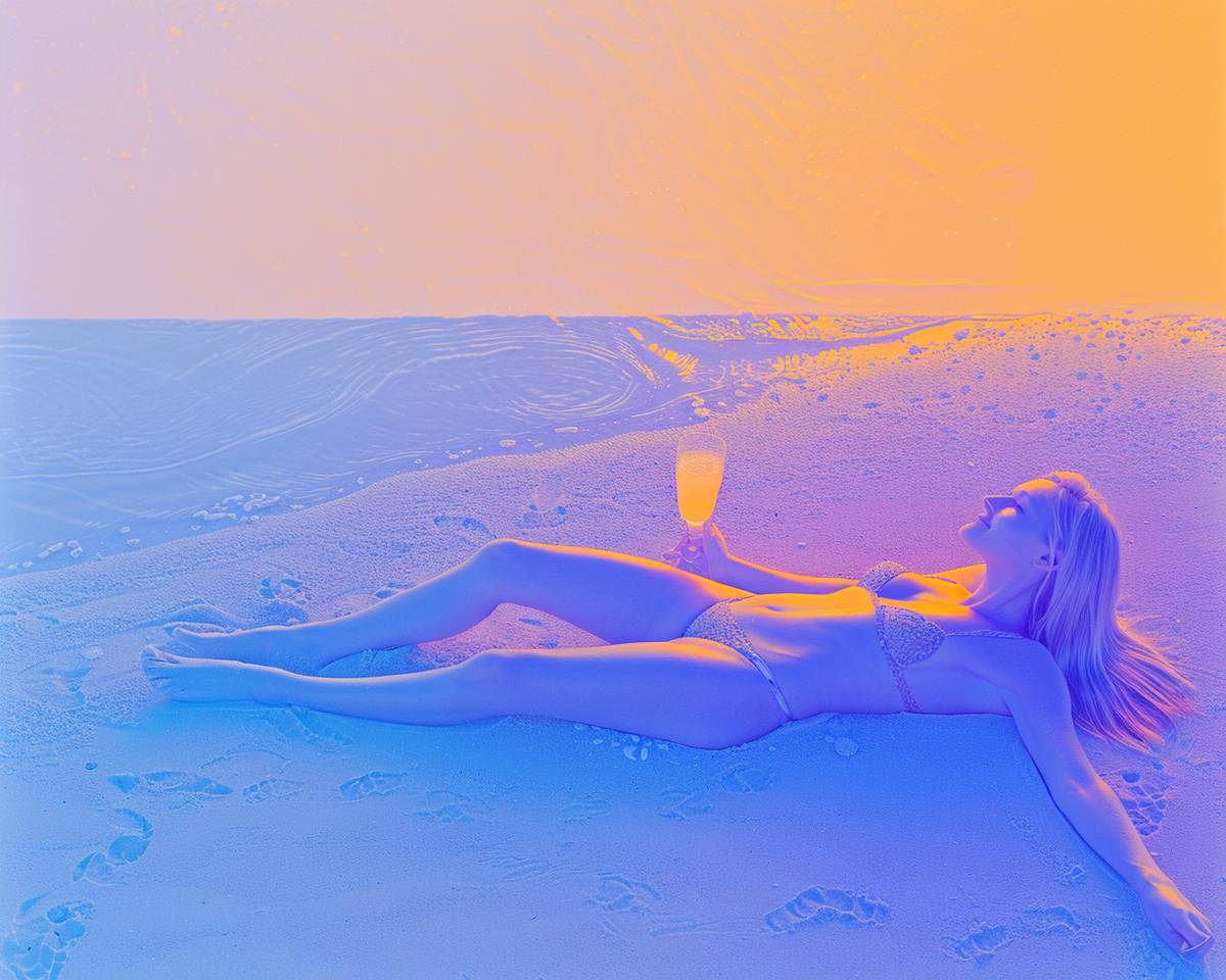 Photo of a woman lying on the sand, drinks cocktails, wearing a bikini