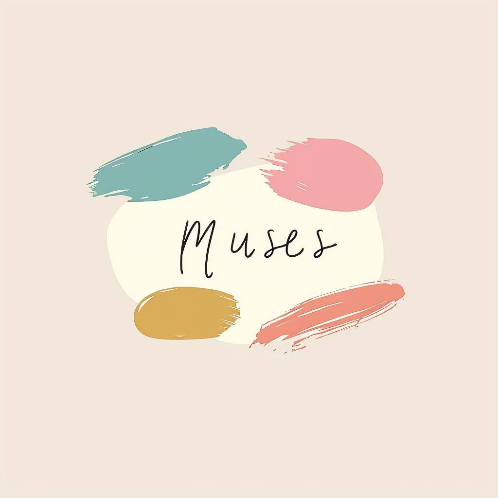 A simple 2D logo of 'muses', with a handwritten font and soft pastel colors, minimalist and playful. The background features a light pastel color with a simple abstract shape. The colors are soft pastels, with delicate highlights. Created Using: flat design, 2D pastel colors, playful elements, HD quality - aspect ratio 1:1 - version 6.0