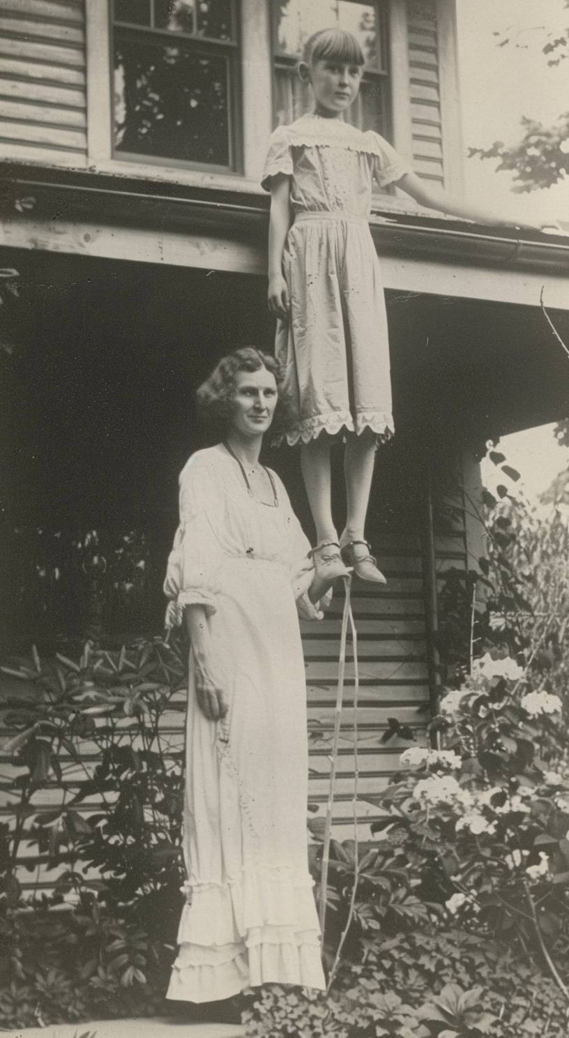 A vintage photo of the long legs and stilt-like feet of an extremely tall woman, holding up her shorthaired daughter with one hand, standing in the front yard of a house, taken in the 1920s, creating a creepy horror scene.