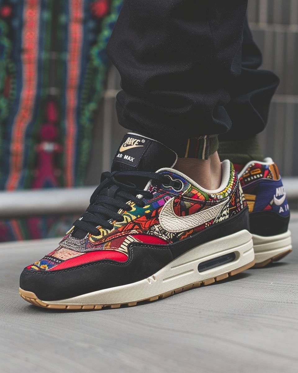 A photo of an Air Max in the style of Nike streetwear with black pants and a colorful patterned tapestry, on feet with white laces.