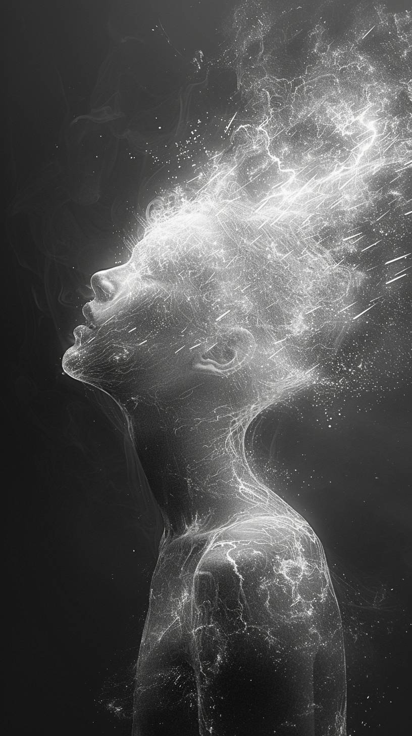 A black and white surrealist image of watching straight to the camera. The figure's head is enveloped in an explosion of light or sparks, creating an ethereal and abstract effect. The background is dark and minimalist, highlighting the surreal, almost otherworldly nature of the illuminated head. The body of the figure is shadowed, blending into the darkness, with a few streaks of light providing subtle highlights. The overall mood is mysterious and abstract, with a focus on the striking contrast between light and dark.