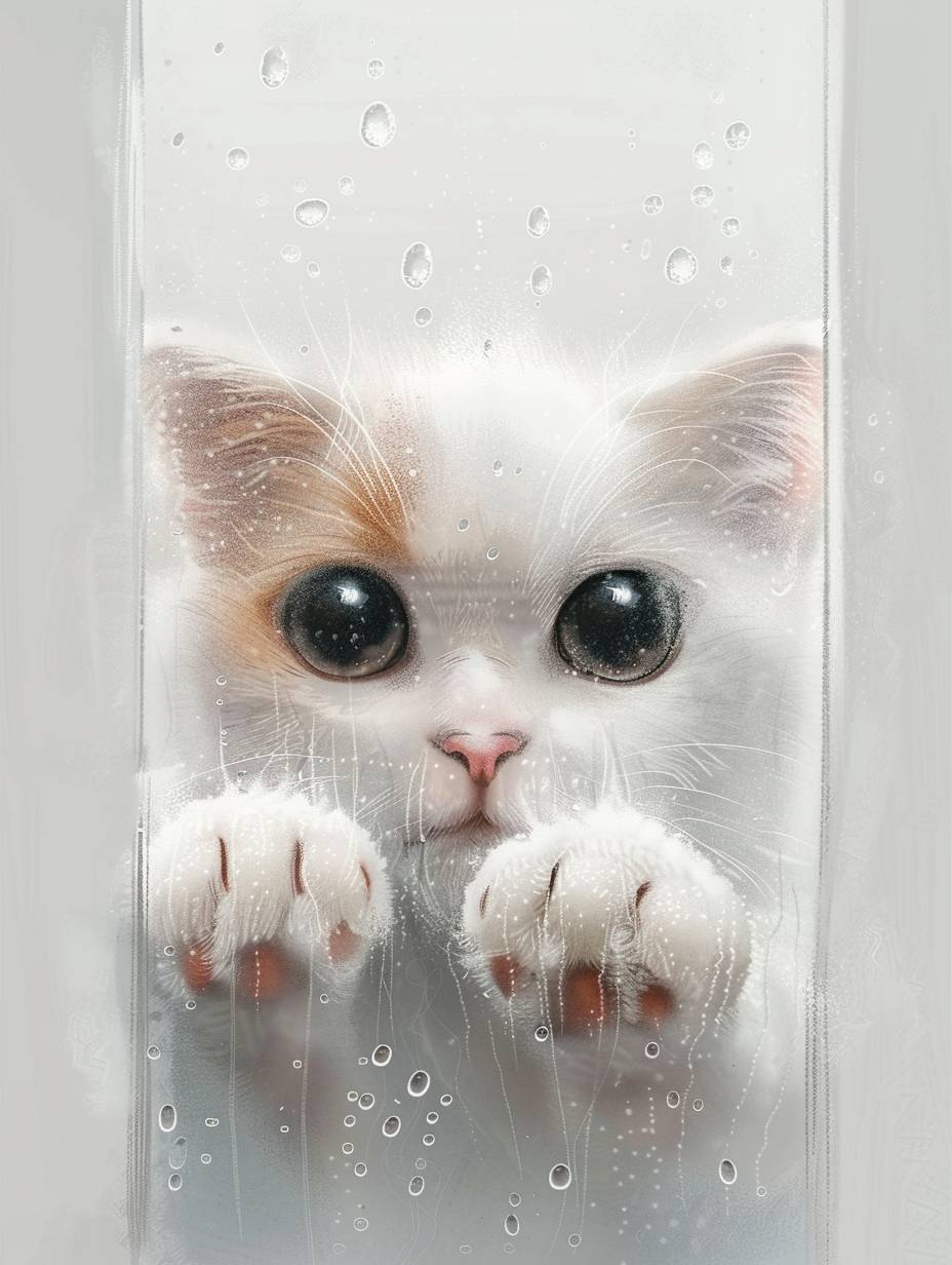 Through frosted glass, a cute cat face with a hazy texture, with a paw on the glass. Simple background and cartoon style. Featuring white and gray, adopting minimalist design.