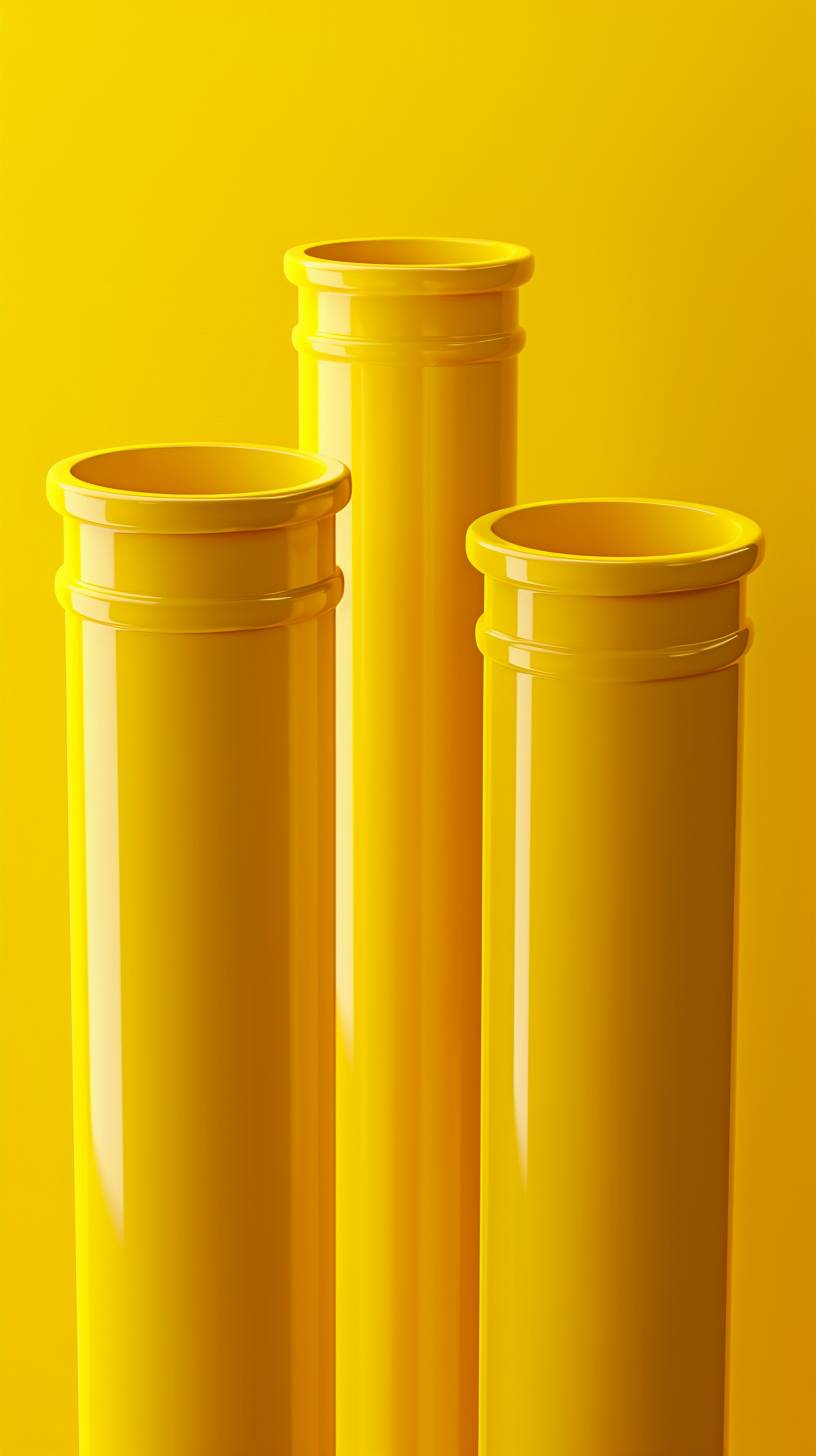黄色のプラスチック製のパイプ3本、3D、Pixarスタイル、プラスチック製、カートゥーンスタイル、シンプルな形状、黄色の背景