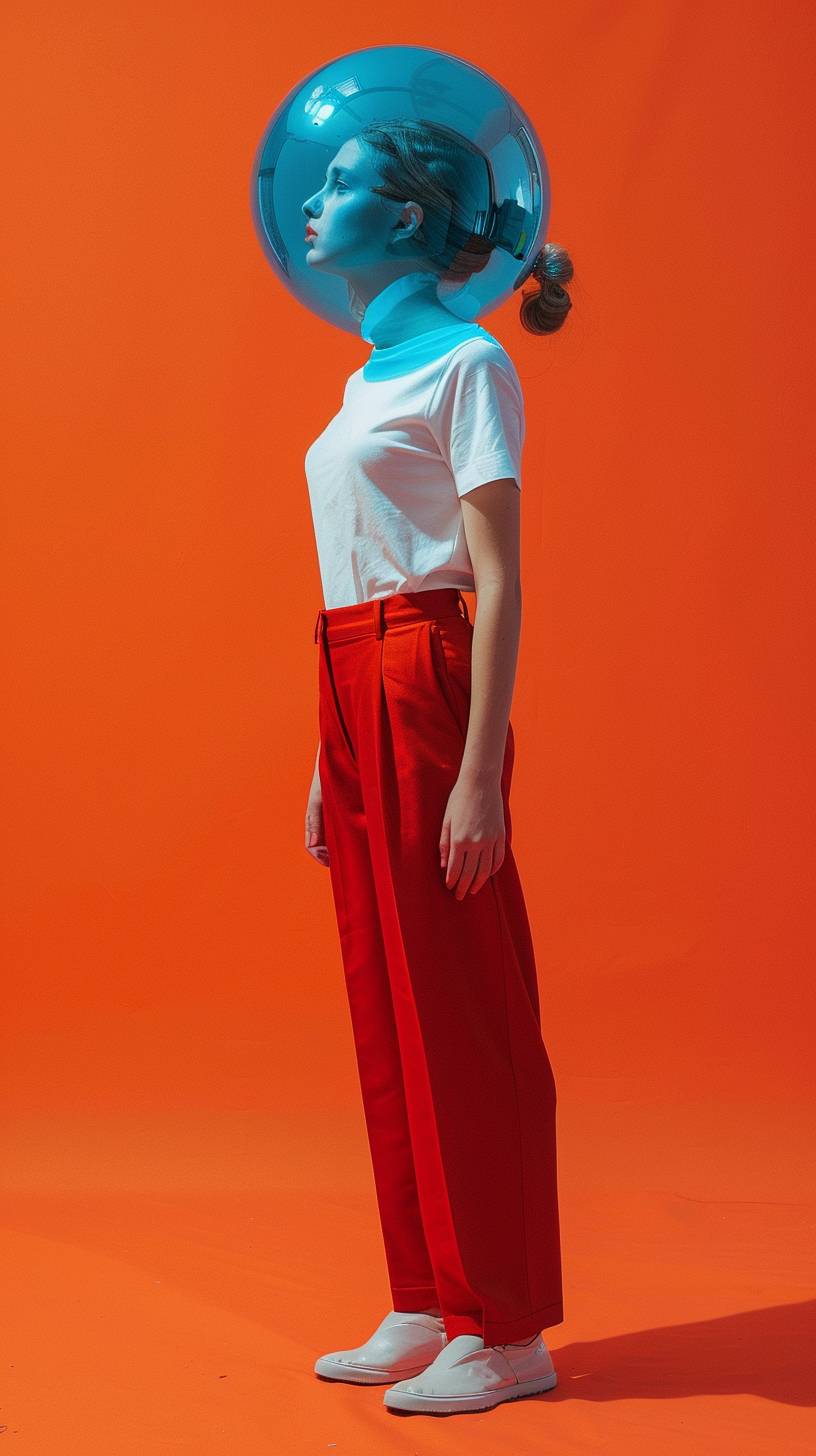 By Erwin Wurm and Frank Miller: Bubble Girl - a hot attractive girl with a solid blue bubble head (solid blue) in an orange room shadowless background orange, bubble girl wears a white tshirt and red trousers