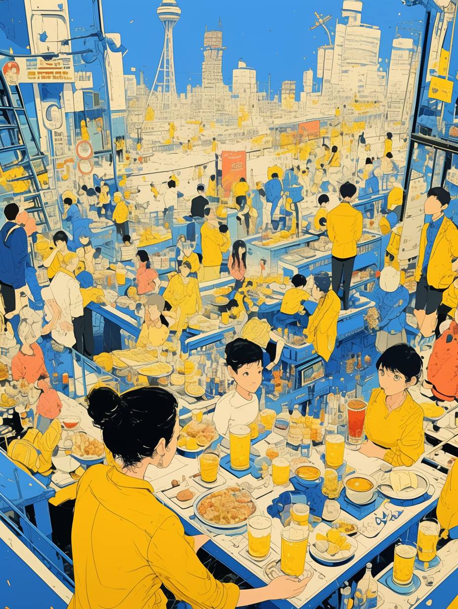 An interior scene inside one bar on board in a giant ship, yellow and blue color scheme, the Asian lady clerk is serving drinks to the other Asian customers, children playing around, rollercoaster and tower visible outside from the windows, bold lines and vintage colors, in the style of Japanese anime and picture book illustration