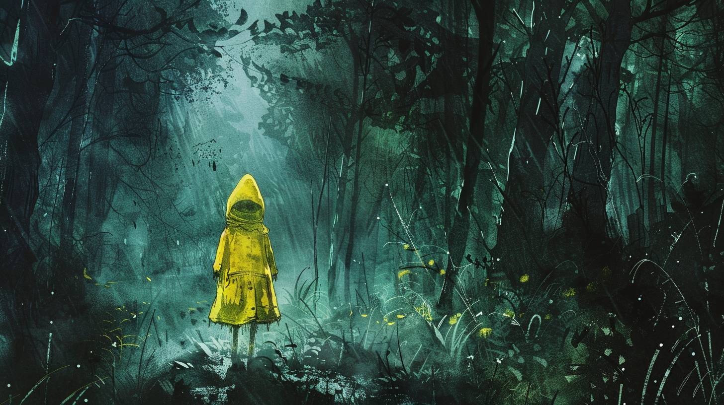 Detailed watercolor, cartoon, Coraline in a yellow raincoat, standing in a dark forest, muted green, diffuse light, cinematic, Neil Gaiman --aspect ratio 16:9 --version 6.0