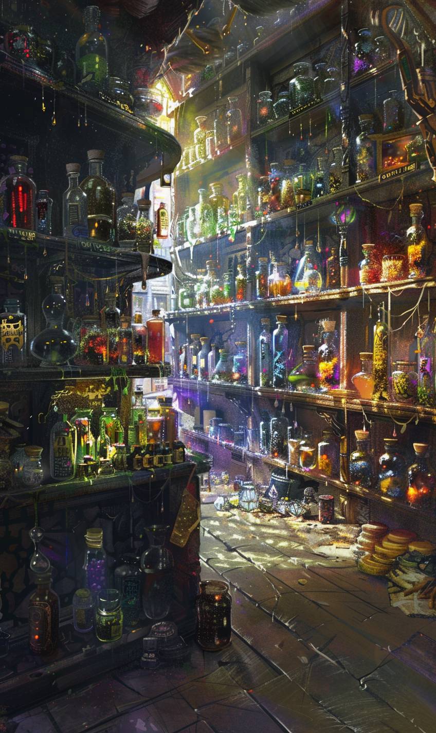 In the style of Claude Monet, a magical marketplace filled with potions and spells