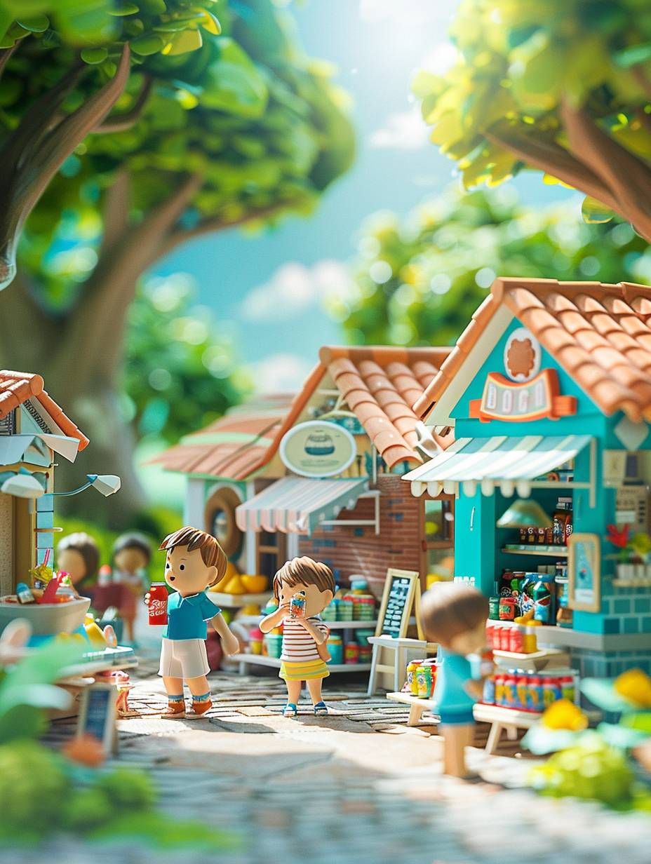 3D miniature scene, summer, countryside, tiled houses and small shops, under big trees, neatly displayed goods, children drinking soda and eating popsicles, happily chatting and laughing. Bright colors, bold color schemes, miniature landscapes with the sky as the background, and dreamy realism style scenes are all rendered using wide-angle lenses and depth of field, creating a paper art illustration style with axial shift photography effects and ultra clear details. The colors are bright, the color scheme is bold, and the foreground is blurry --no fruit tree --ar 3:4 --stylize 250  --v 6.0