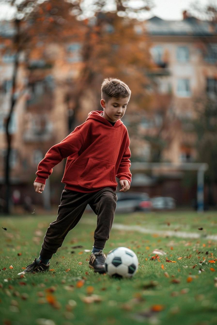 An 8-year-old boy plays soccer on a football field