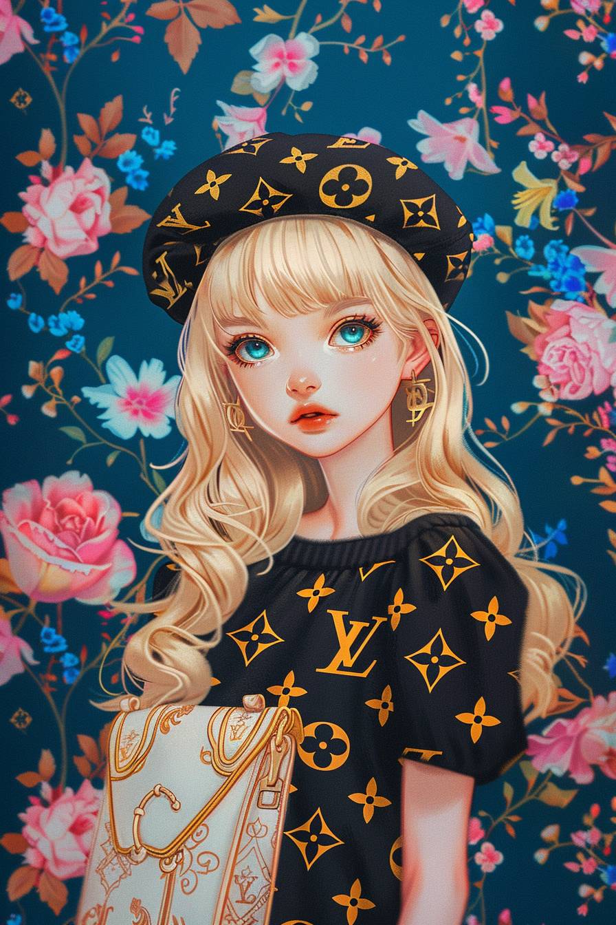A beautiful blonde girl with blue eyes is wearing a black and gold Louis Vuitton monogram patterned beret hat and carrying a white handbag against a floral background in the style of Hikari Shimoda. The character design is inspired by anime with detailed facial features, colorful caricature, kawaii aesthetic, bold patterns, and typography in the style of Gucci.