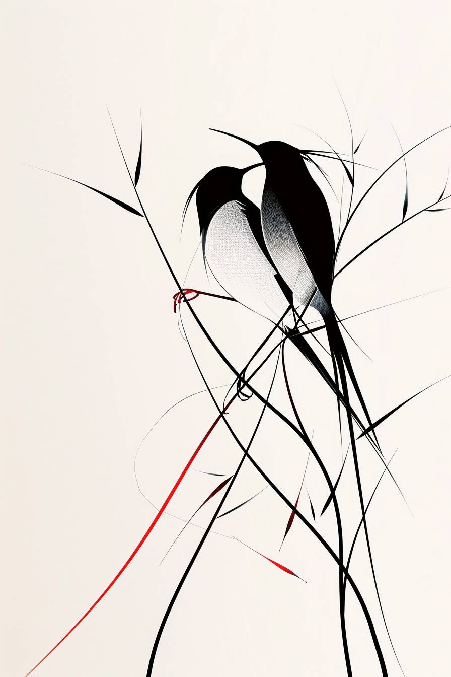 ミニマリストの鳥のデュオ、スリークな線画、赤と青のヒントが入った黒、穏やかでエレガント、暖かい環境光、白い背景