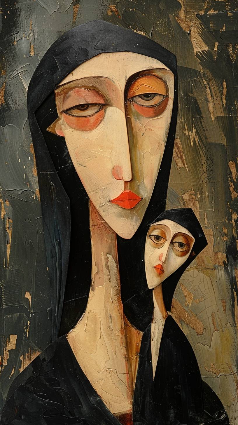 Professional photo studio. Very close-up view. Madonna holding a child like a flower. Caricature. Elongated faces and neck. Long nose, slinky face. Modigliani style. Large eyelids.