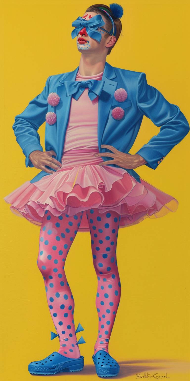 Male clown in his 20s, wearing a blue clown jacket, pink singlet, blue bow tie, pink tutu, pink tights with blue polka dots, blue crocs, clown makeup, set against a yellow background