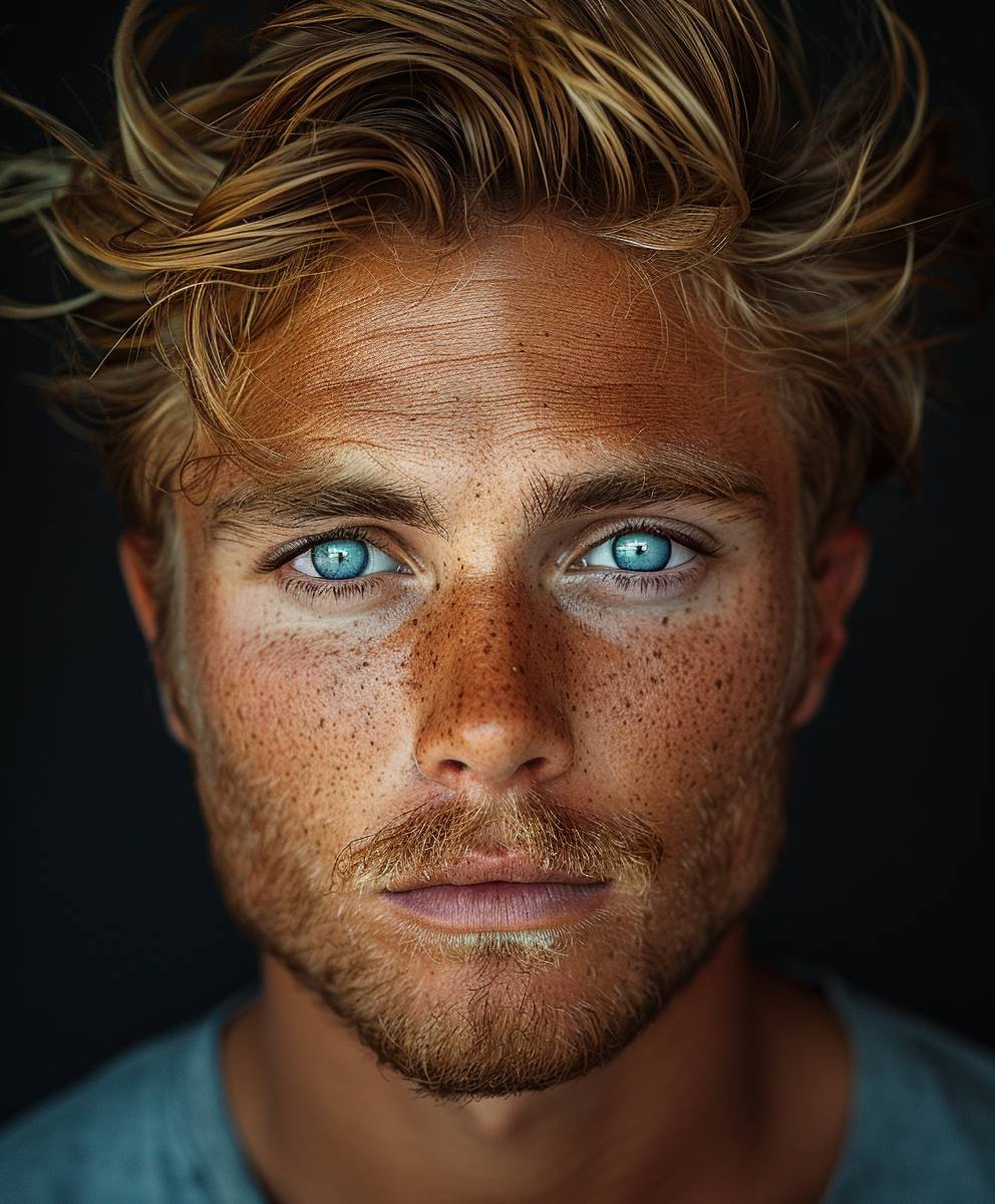 A modern-style photograph of a man with blue eyes, broad shoulders, and blond hair carelessly gathered at the back of his head.