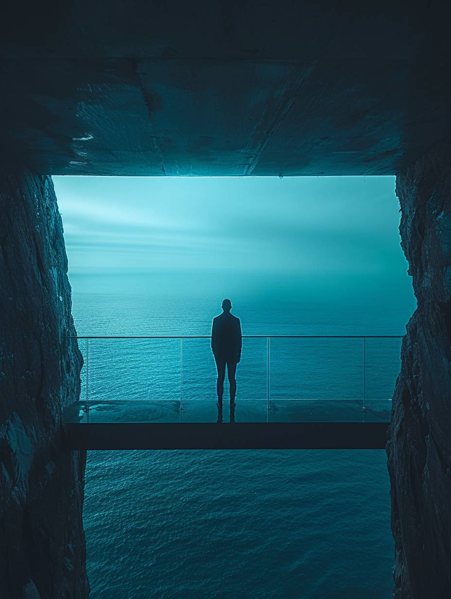 A person stands on a balcony looking toward the ocean, in the style of light sky-blue and dark azure, minimalist pen lines, Norwegian nature, I can't believe how beautiful this is, 32k uhd, sky-blue, abstract minimalism