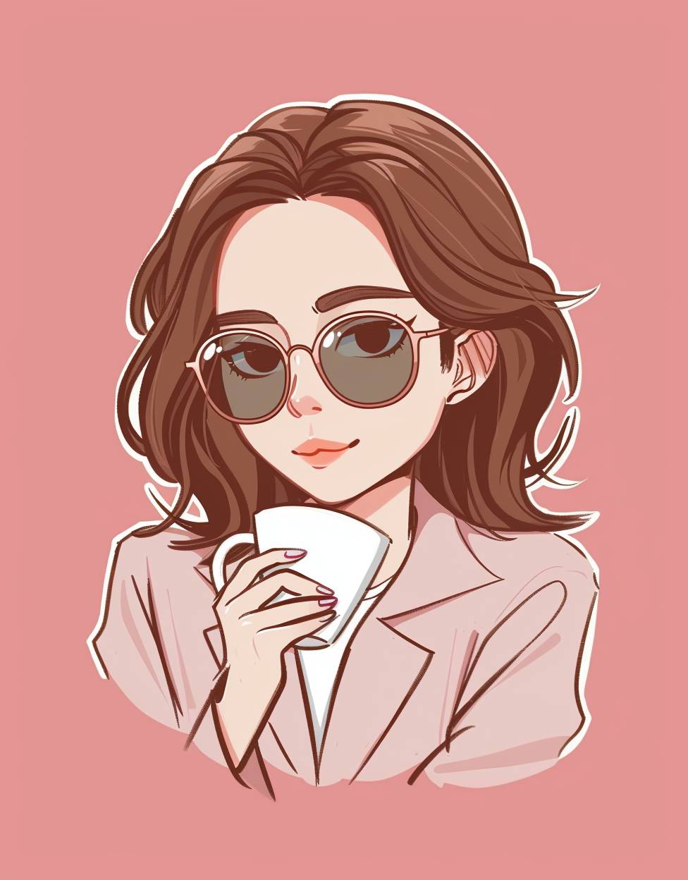A cute female Asian lawyer with brown hair and pink, wearing sunglasses drinking coffee. She has an exaggerated expression while drinking tea. A simple cartoon style drawing with bright colors. The background color should be light red or pink, adding fun to the illustration. There is no other character in front of it, in the style of Quentin Blake.
