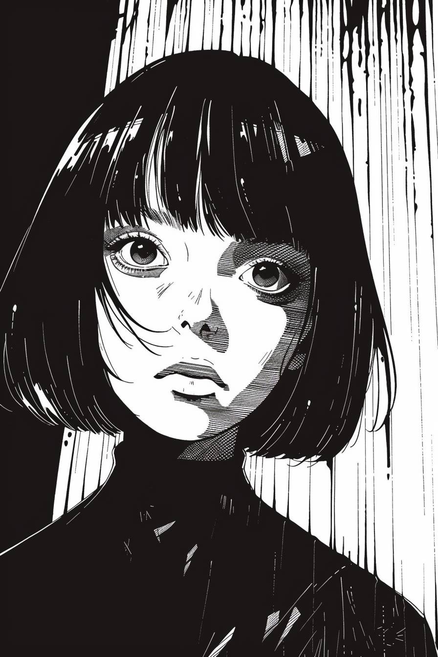 A woman with a bob cut, Japan, Asian, created in the style of Yoshiharu Tsuge, highly detailed black and white ink, comic strip with a dramatic 2:3 aspect ratio, processed with 250 stylizing filters, version 6.0